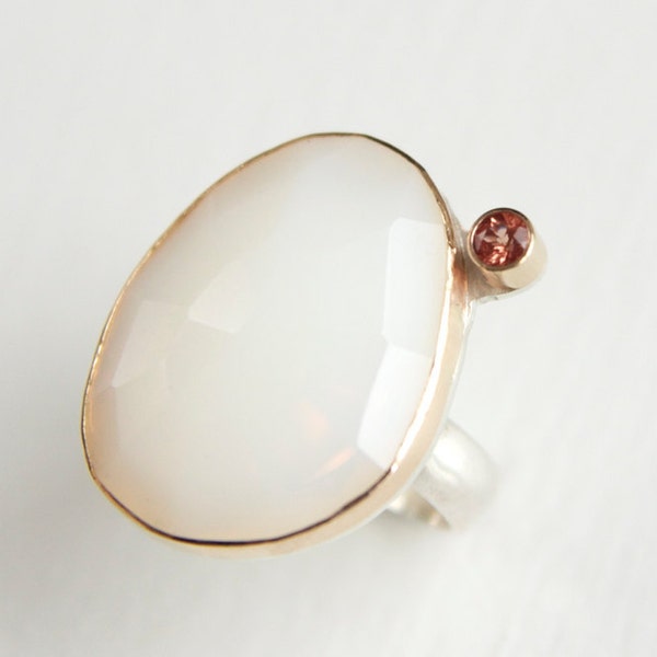 White Opal and Oregon Sunstone Ring in Recycled 14k Gold and Sterling Silver