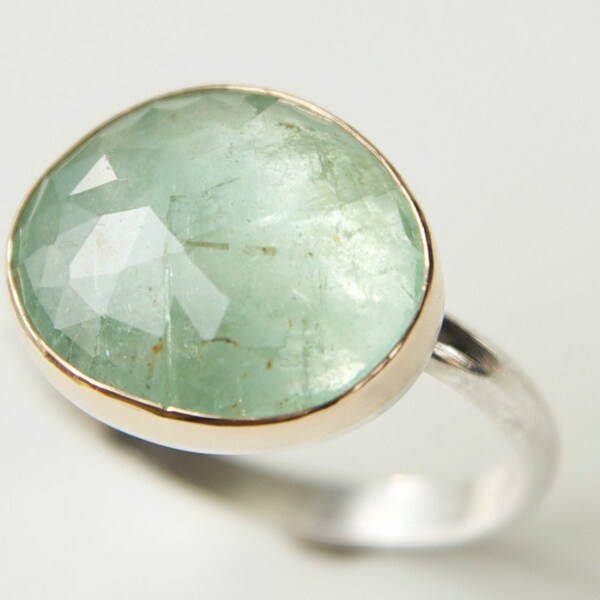 Colombian Emerald Ring in Recycled 14k Gold and Sterling Silver - Emerald Ring - Mixed Metal Ring - Diamond Alternative - Free Form Gemstone