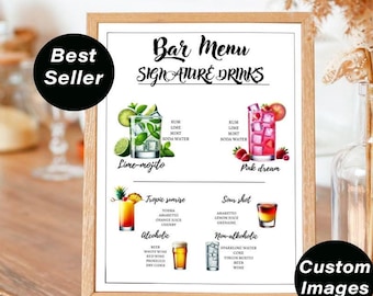 Barmenü-Vorlage Moderne, bearbeitbare Getränkekarte  Minimalistische druckbare Barkarte Signature-Drinks & 10+ individuelle Cocktailbilder
