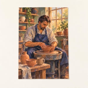 May include: An oil painting depicting a potter wearing a blue apron over a light shirt, shaping a clay bowl on a pottery wheel. The scene includes various ceramic vessels on wooden shelves and a table, set in a sunlit studio space.