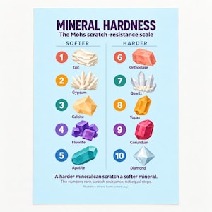 May include: A light blue educational poster titled Mineral Hardness, The Mohs scratch-resistance scale. It displays ten numbered minerals from 1 to 10, ranging from Talc to Diamond, with the text A harder mineral can scratch a softer mineral.