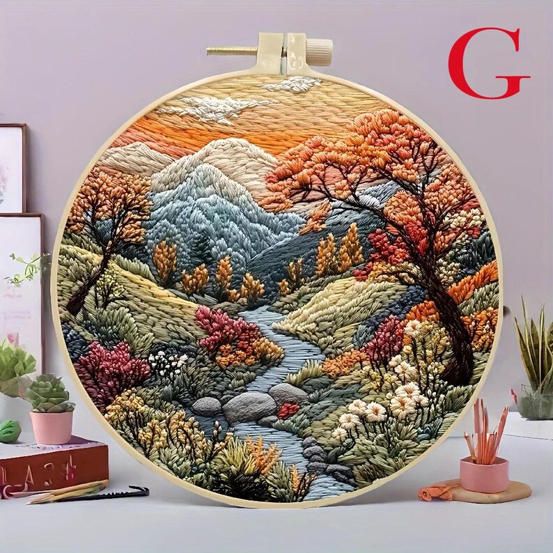 Landscape Embroidery Kit, DIY Retro Field Scenery Needlework Embroidery ...