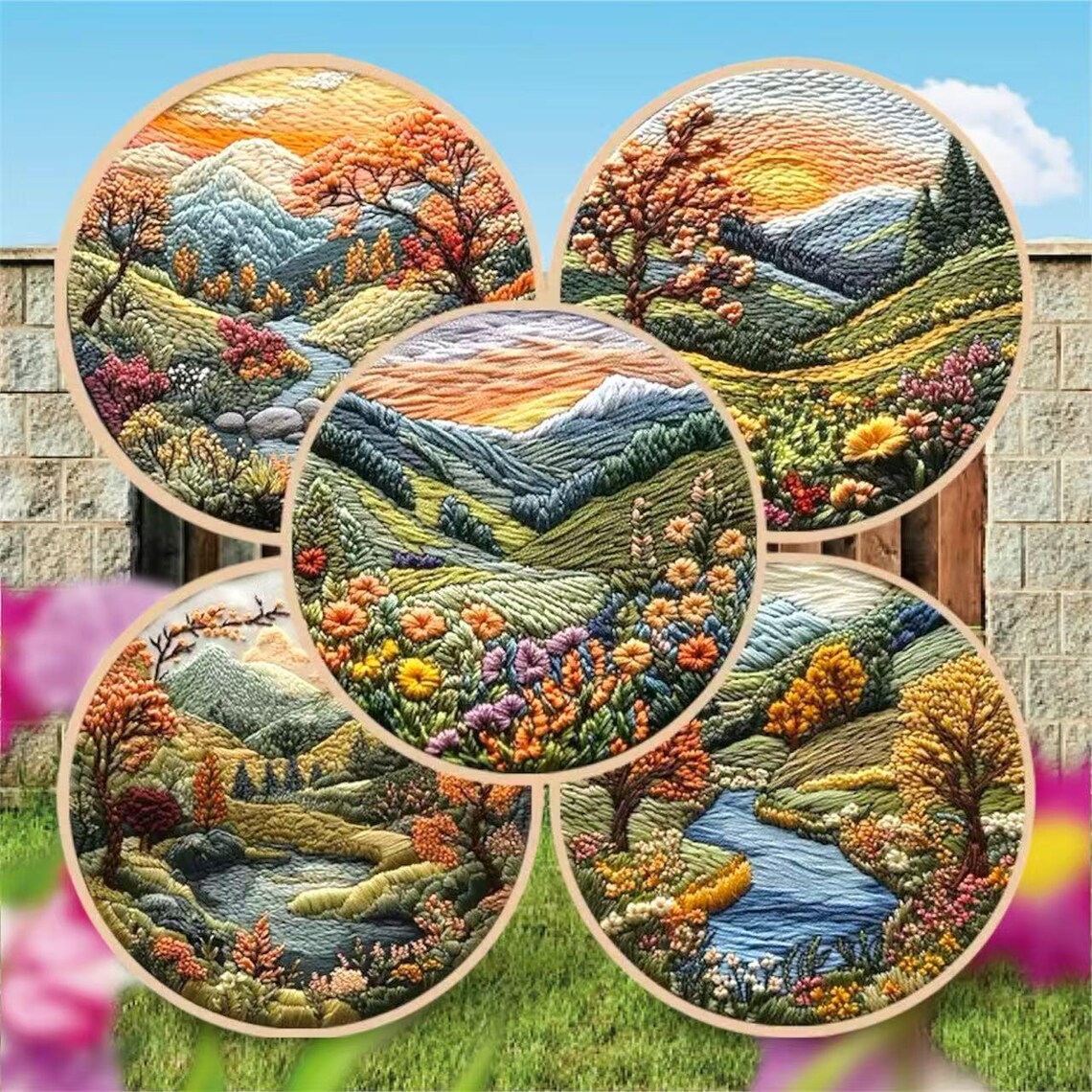 Landscape Embroidery Kit, DIY Retro Field Scenery Needlework Embroidery ...