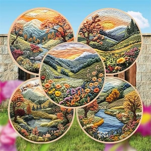 Landscape Embroidery Kit, DIY Retro Field Scenery Needlework Embroidery Kit, Flower Trees Mountain River Embroidered Gift, Home Decoration