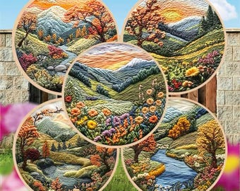 Landscape Embroidery Kit, DIY Retro Field Scenery Needlework Embroidery Kit, Flower Trees Mountain River Embroidered Gift, Home Decoration