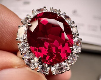 Premium Lab Grown Ruby Ring Halo Engagement Ring Vintage Halo Design Red Gemstone Cluster Ring Available in 925 Sterling Silver or 18K Gold