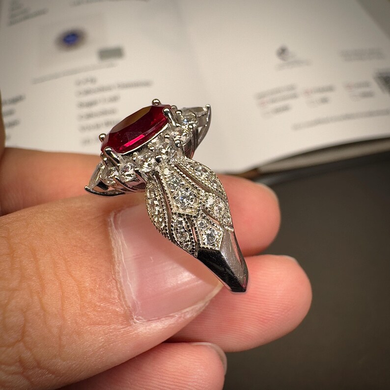 Vintage Ruby Wedding Ring With Oval Center Stone Moissanite Halo and ...