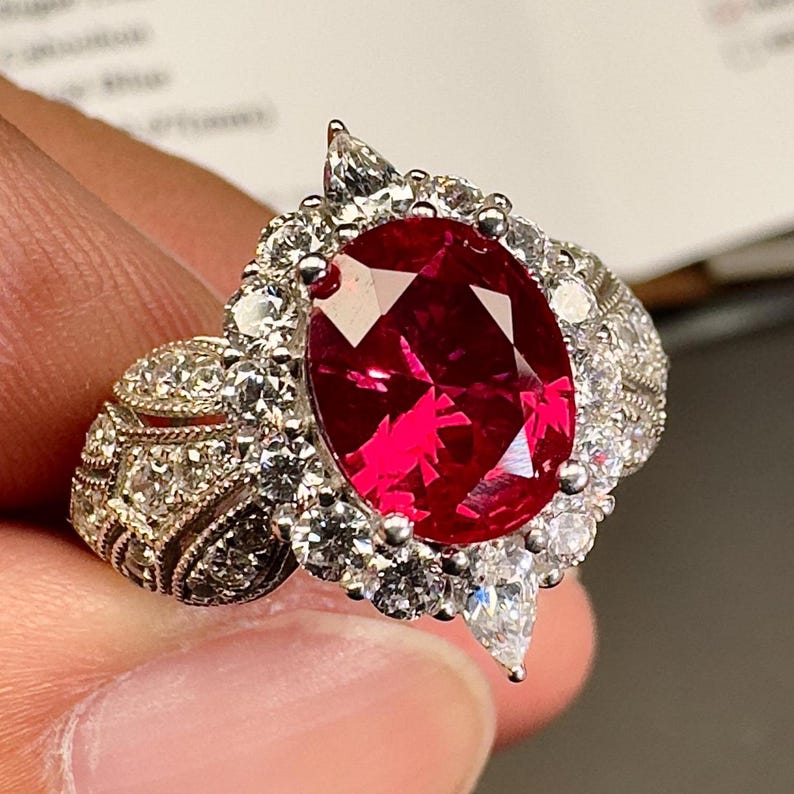 Vintage Ruby Wedding Ring With Oval Center Stone Moissanite Halo and ...
