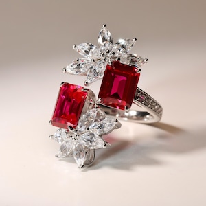 Toi et Moi Lab Created Ruby Ring Emerald Cut Red Gemstone Silver Floral Cluster