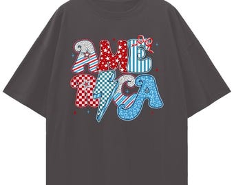 America Oversized T-Shirt, Retro Patriotic Lightning Bolt Graphic Tee, USA Independence Day Shirt