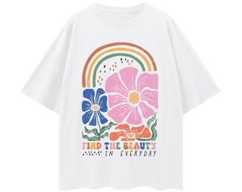 Retro Boho Wildflowers Oversized T-Shirt, Art Deco Floral Graphic Tee, Positive Quote Shirt