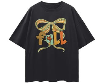 Camiseta extragrande con lazo coqueto de otoño, camiseta con estampado de cinta, camisa femenina de estilo coqueto de otoño.