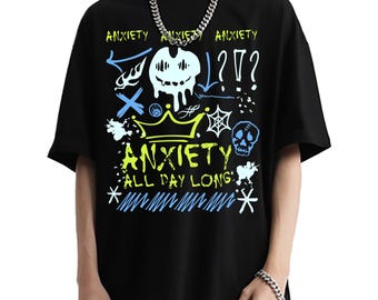 Anxiety All Day Long Oversized Drop Shoulder T-Shirt, Grunge Emo Streetwear Graphics Tee