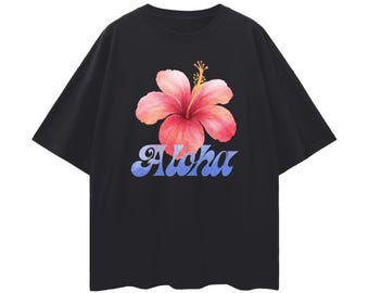 Aloha Oversized T-Shirt, Floral Hibiscus Graphic Tee, Tropical Summer Vacation Hawaiian Shirt