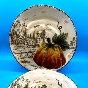 Pumpkin Fest Hand Painted Ceramic Autumn Plates Set of 2 Dessert Salad 7.5" GIft