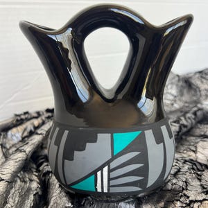 Signed KOPA BNEZ Southwest Pottery Vase Wedding Vase Style Black Teal Navajo Inspired Ceramic