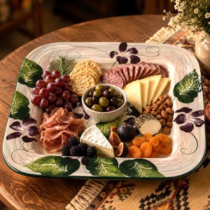 Puede incluir: Una fuente cuadrada pintada a mano con una variedad de aperitivos. La fuente presenta uvas, galletas saladas, aceitunas, queso, salami, nueces, higos y albaricoques. Los bordes están decorados con hojas verdes y flores moradas.
