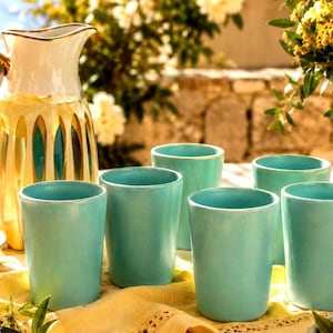 May include: A ceramic pitcher with a white and teal vertical pattern and a gold handle, accompanied by five matching teal tumblers. The pitcher contains a light-colored liquid with visible lemon slices, and the set is arranged on a yellow cloth.