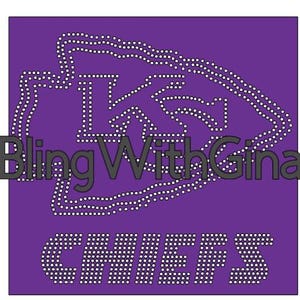 May include: A purple background with a white rhinestone design of an arrowhead and the word "CHIEFS". The text "Bling With Gina" is in gray below the design.