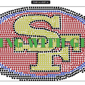 Könnte beinhalten: Ein ovales Design aus kleinen roten, gelben, blauen und schwarzen Punkten. Der Text "BLING WITH GINA" ist grün. Das Design ist ca. 29,18 cm x 16,69 cm groß.