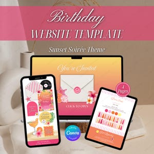 May include: A digital birthday website template featuring a Sunset Soirée theme displayed on a laptop, a smartphone, and a tablet. The screens show invitation graphics with tropical flowers, cocktail illustrations, and a dress code page with 4 pages.