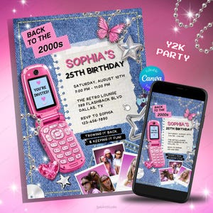 以下が含まれることがあります： ピンク色の2000年代をテーマにした誕生日招待状。フリップフォン、蝶、星のアクセントが特徴です。「ソフィアの25歳の誕生日」と「2000年代へ」というテキストが含まれています。スマートフォンにも同じデザインが表示されています。