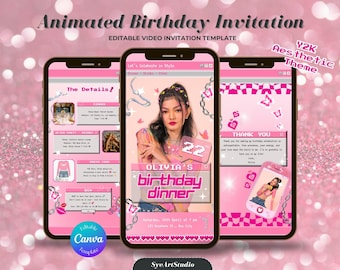 May include: A pink and white animated birthday invitation template with a Y2K aesthetic theme. The template features a photo of a person with the text "Olivia's birthday dinner" and the date and time of the event. The template also includes a thank you message and details about the event.