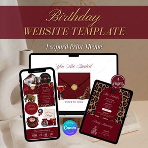 May include: A digital birthday website template featuring a leopard print theme, displayed on a smartphone, tablet, and laptop screen. The design includes deep red accents, an envelope graphic, a high heel shoe, and text reading Birthday WEBSITE TEMPLATE.