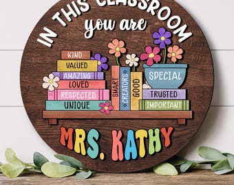 Personalized Teacher Rainbow Sign: Classroom Door Hanger, Wooden Decor