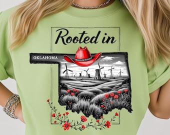 Geworteld in de staat Oklahoma png: sublimatie ontwerp dtf tshirt png digitale download, cowboyhoed windmolen boerderijlandschap