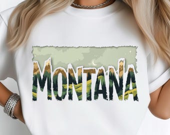 Montana Landscape State PNG: Sublimation Design Dtf Tshirt Png Digital Download, Mountain Forest, Crescent Moon Png