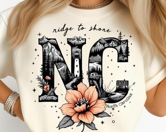 North Carolina From Ridge Shores Floral Lighthouse Journey State PNG: Sublimation Design Dtf Tshirt Png Digital Download