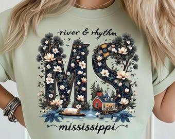 Estado floral de Mississippi PNG: Diseño de sublimación DTF Camiseta Png Descarga digital