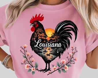 Gallo de Luisiana, atardecer, pantano, arte floral, PNG: Diseño de sublimación, DTF, camiseta, PNG, descarga digital
