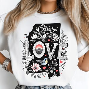 Love Mississippi PNG, Sunset State Map Poster, Floral Southern Pride Art Print, Bird Illustration Design, USA State Shirt Design