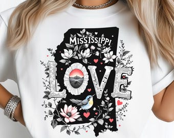 Estado de Mississippi PNG: Diseño de sublimación DTF Camiseta PNG Descarga digital, Mapa del estado con puesta de sol floral PNG