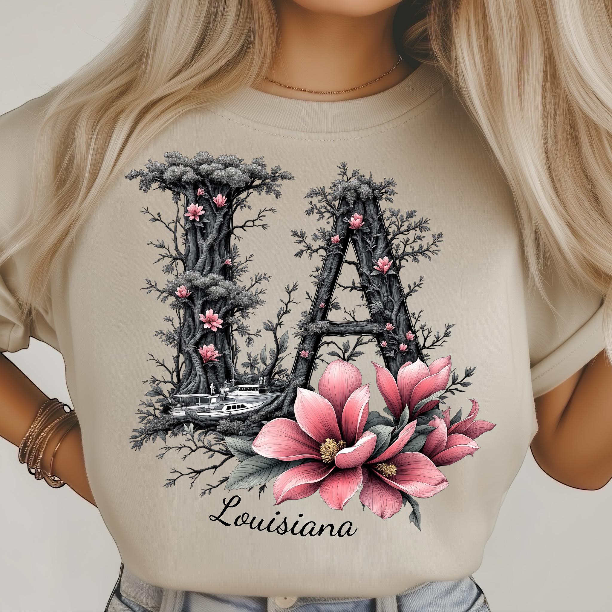 Louisiana Botanical Woodgrain Texture Detailed Blooming Lettering State ...