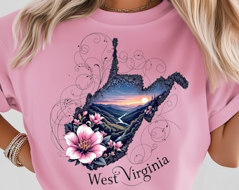 Mapa PNG del atardecer de Virginia Occidental: país, encaje floral, diseño patriótico de EE. UU., descarga digital PNG