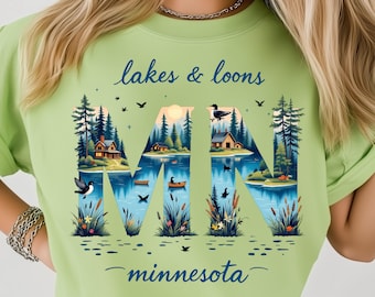 Minnesota Lakes & Loons State PNG: Sublimation Design Dtf Tshirt Png Digital Download, Cabin Png, Canoe Scene