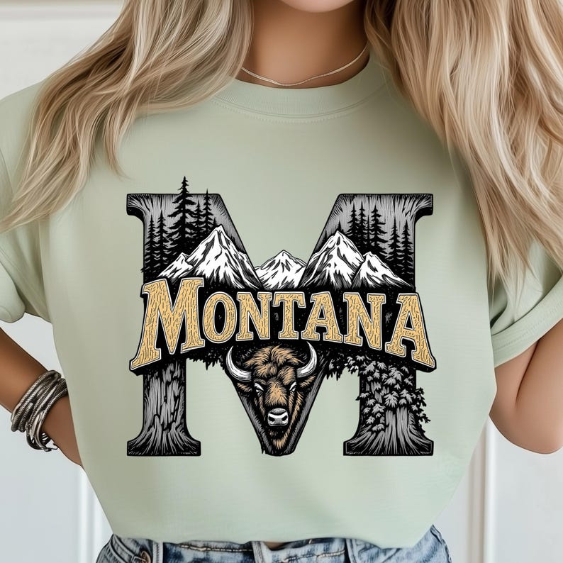 Montana Rustic Woodcut Bison Mountain Forest Western Art State PNG ...