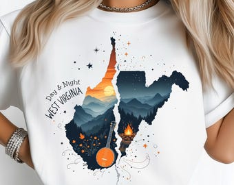 West Virginia Sunset State png: sublimatieontwerp dtf-t-shirt png digitale download, berglandschap, dag en nacht png