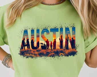 Austin Texas Sunset PNG: Sublimation Design Dtf Tshirt Png Digital Download, Western Music Scene, City Silhouette