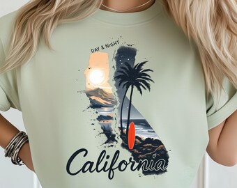 California Coastline State PNG: Design a sublimazione Dtf Tshirt Png Download digitale Paese Panoramico Surf Png, Design di spiaggia con palme