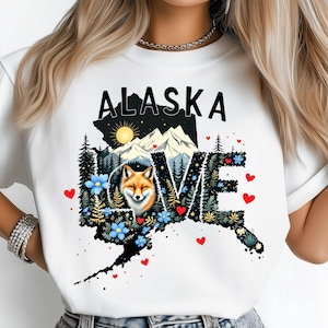 Love Alaska PNG, Scenic Mountain Nature Art, Fox Wildlife Illustration, State Posters, Travel Landscape, USA State Shirt Design
