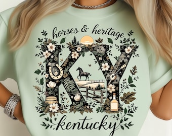 Kentucky Floral Prairie Horses Vintage  State PNG: Sublimation Design Dtf Tshirt Png Digital Download