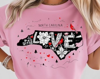 North Carolina Floral State PNG: Sublimation Design Dtf Tshirt Png Digital Download, Cardinal Birds, LOVE NC Png