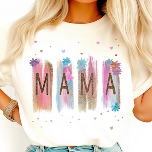 Glitter Brushstroke Mama PNG, Pastel Floral Boho Sublimation Clipart, Gold Sparkle Heart Print, Cute Mother&#39;s Day Shirt Design