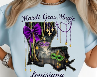 Louisiana Mardi Gras Bow Coquette PNG, Purple Gold Green Carnival Aesthetic, Southern Girl Festive Shirt Sublimation Design