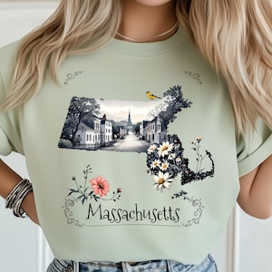 Massachusetts Town Street PNG, New England Scene PNG, State Map Art, Massachusetts Travel Poster, Small Town Print, Floral State Design
