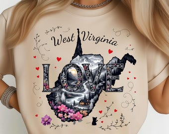 West Virginia liefde getextureerd romantisch natuur stijl staat png: sublimatie ontwerp dtf tshirt png digitale download